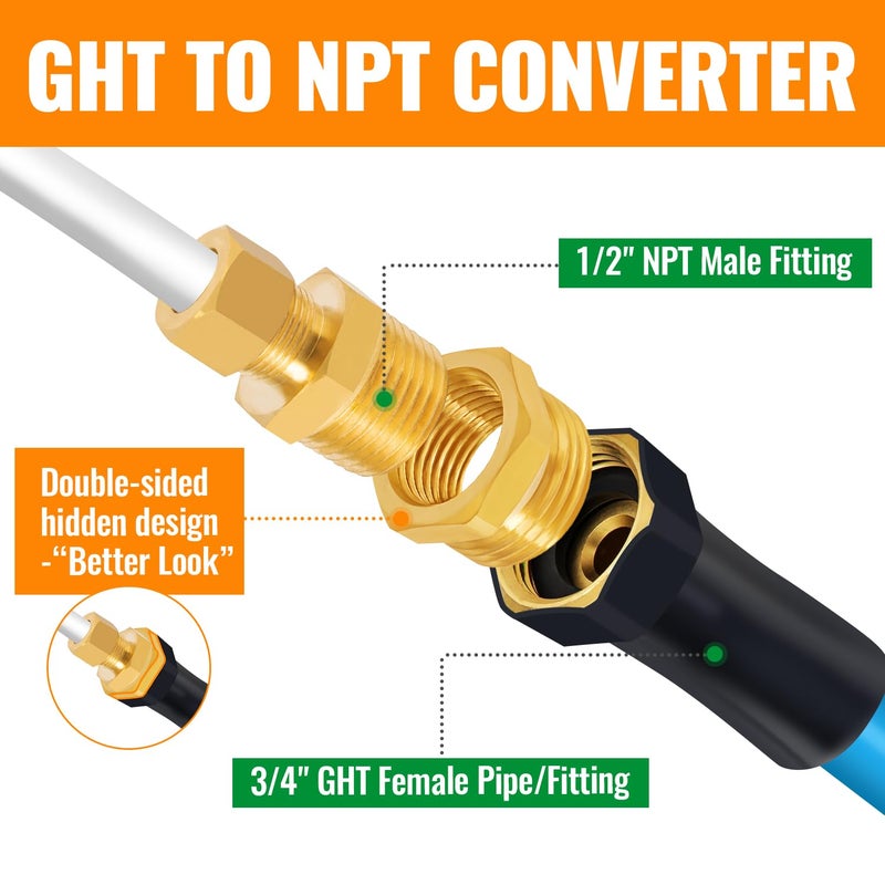 SUNGATOR موصل SUNGATOR 2PCS 3/4" GHT ذكر x 1/2" NPT أنثى، تركيب خرطوم حديقة نحاسي، محول GHT إلى NPT سداسي، محول خرطوم حديقة إلى أنبوب مع شريط ختم إضافي - Image 3